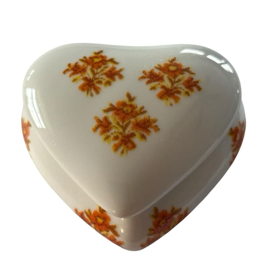 Limoges France Trinket Box Hand Painted Heart Shaped Floral Orange VTG Porcelain
